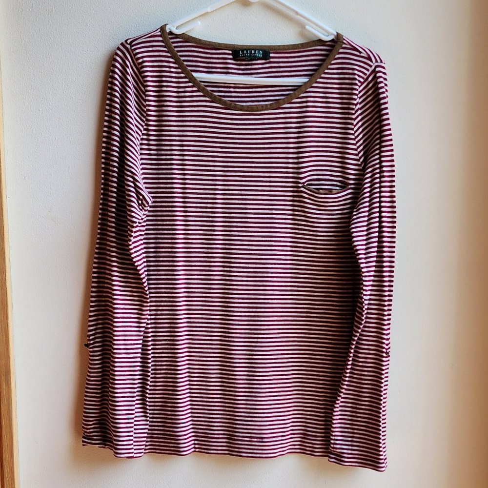 Lauren Ralph Lauren Red/White Pinstriped Scoop Neck Jersey Size Large